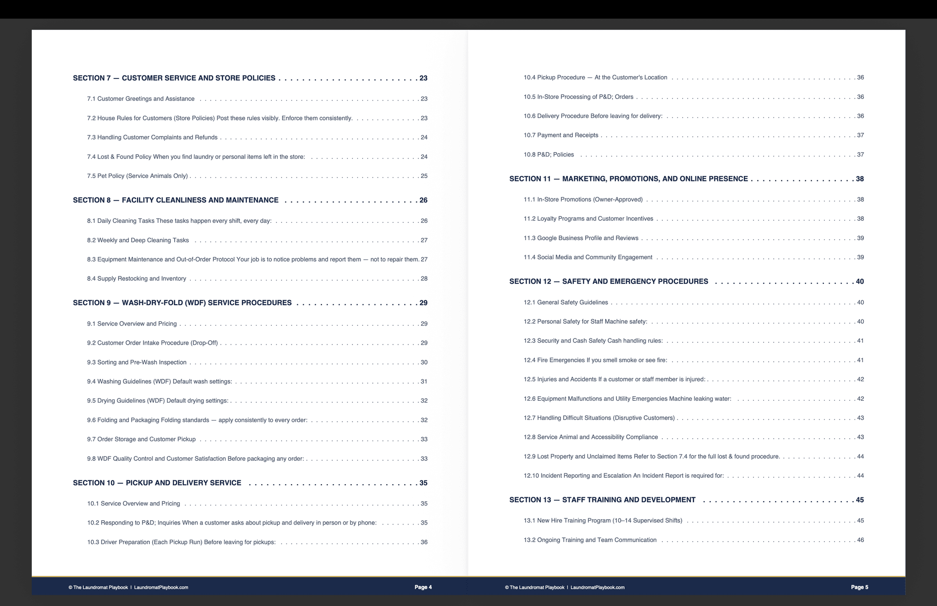Master SOP Table of Contents pages 4-5 showing Sections 7-13 with navy headers and dotted leader lines